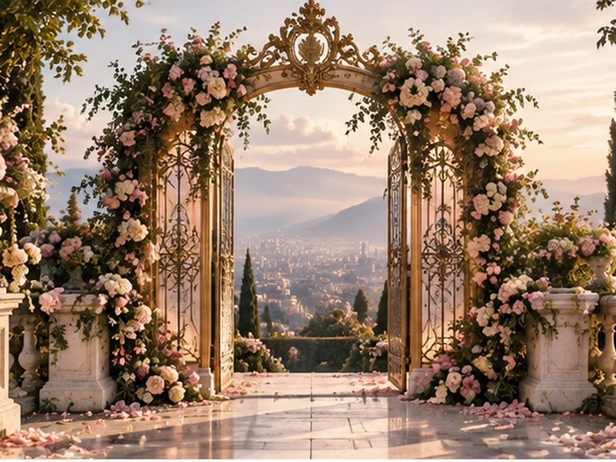 Entrada de palacio con flores rosadas
